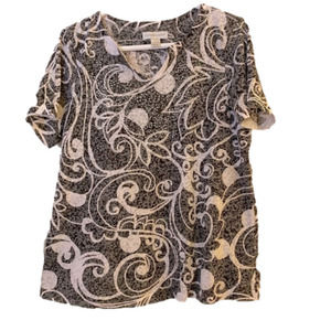 Christopher & Banks V neck bejeweled short sleeved top. Gray, Black & white.